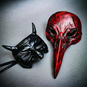 Black Devil Demon Eye Mask w/ Red Raven Bird Nose Halloween Couple Party Mask